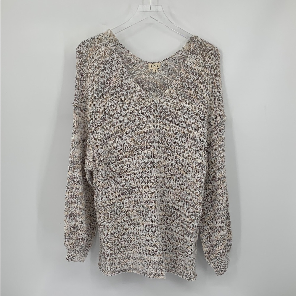 POL v-neck open weave crochet sweater tunic cream tan brown long sleeve Small
